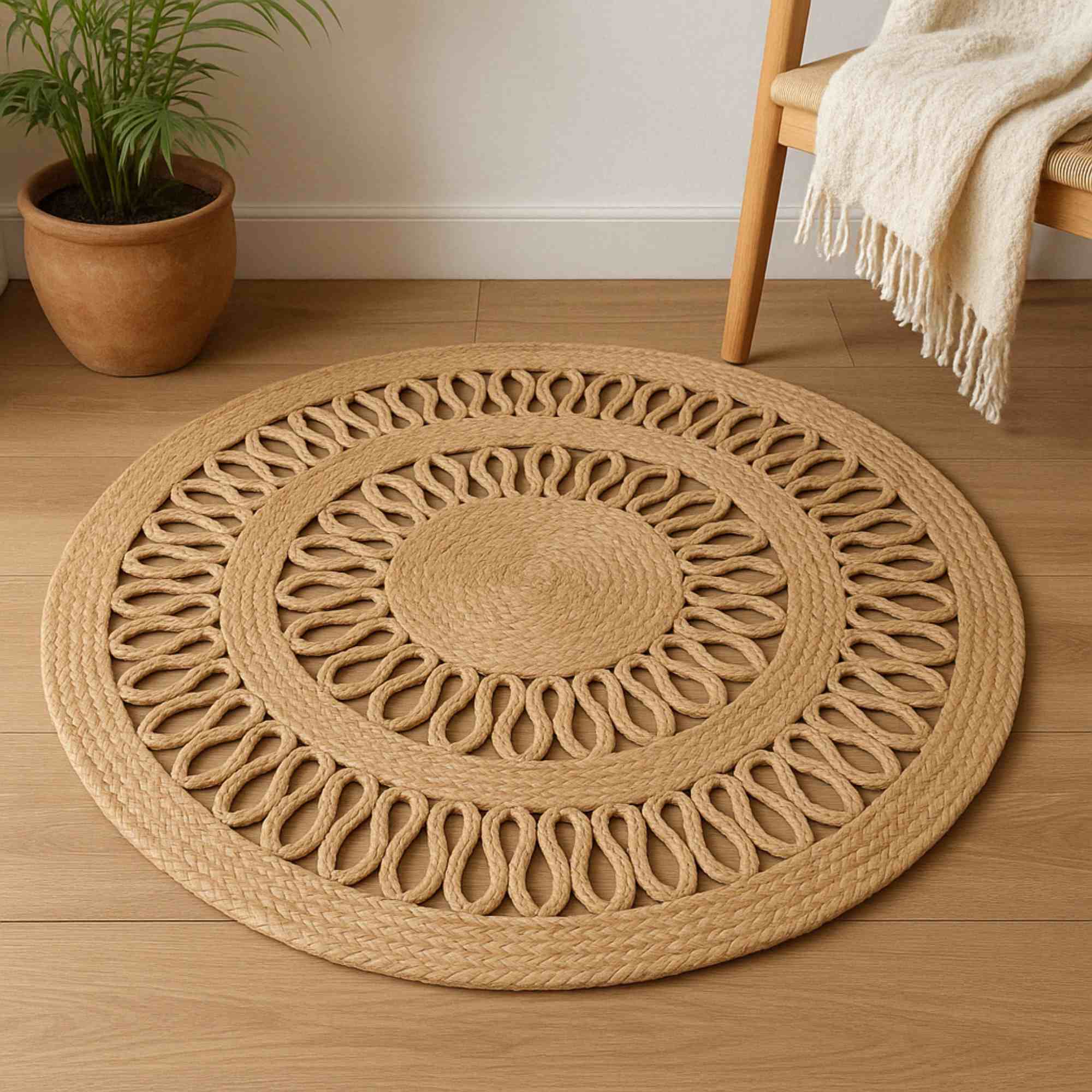 Alfombra redonda de yute trenzado - Diseño calado de 2 líneas 90cm