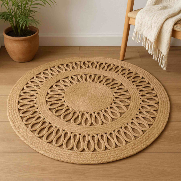 Alfombra redonda de yute trenzado - Diseño calado de 2 líneas 90cm