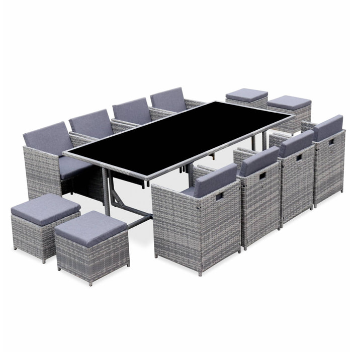 Table de jardin encastrable résine tressée + 12 assises – Vabo – Coloris Nuance de gris. Coussins Gris chiné. table encastrable