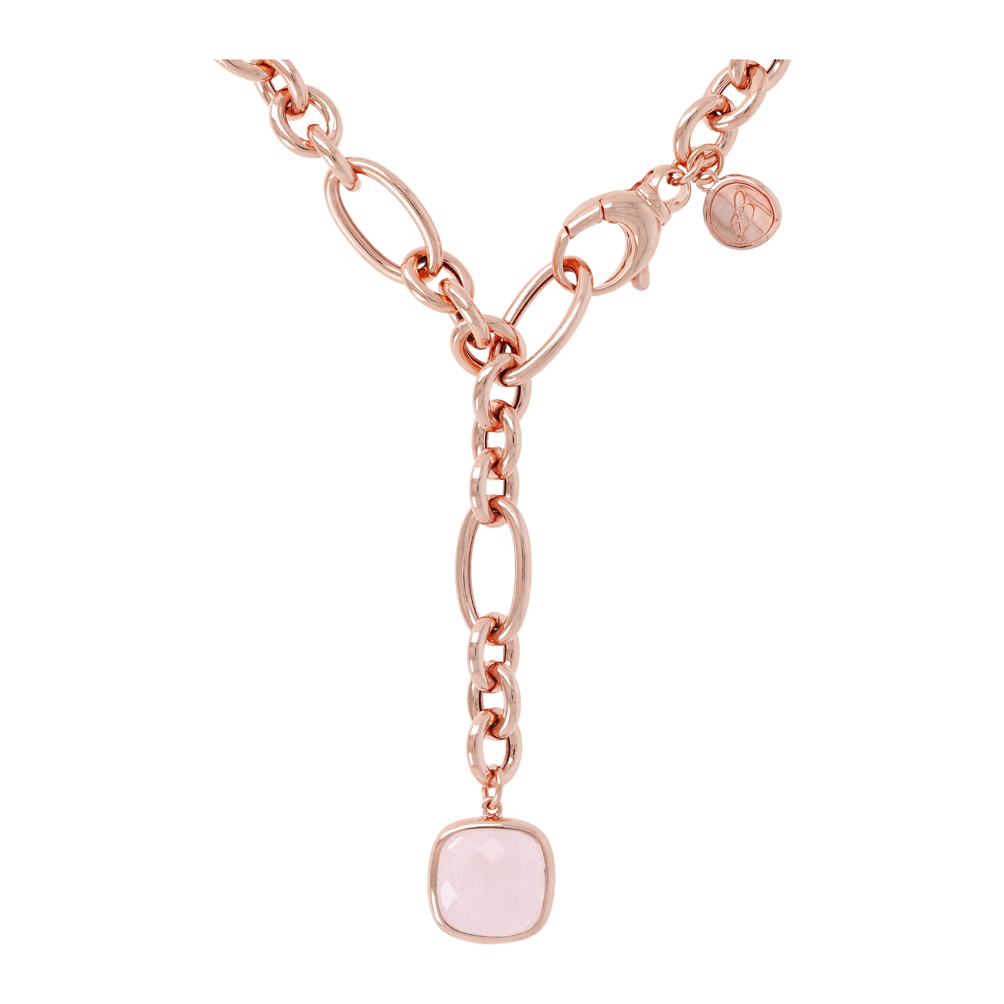 Collana a Cravatta Catena Ovale con Quarzo Rosa Quadrato