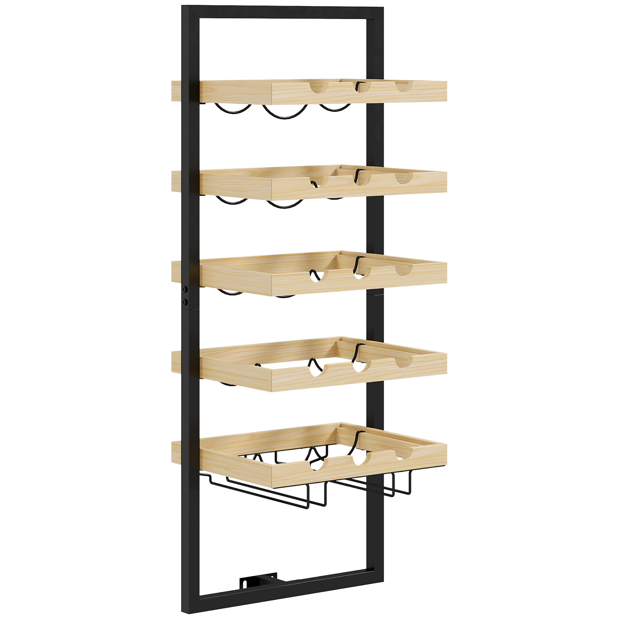 Étagère à bouteille, casier à bouteille mur, 5 niveaux pour 15 bouteilles 4 verres, pour bar à domicile cuisine salon, 35l x 25P x 86H cm, bois de pin, finition bois naturel