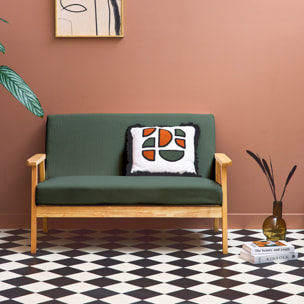 Banquette canapé 2 places en bois et tissu velours côtelé coloris vert kaki. Isak. L 114 x P 69.5 x H 73cm
