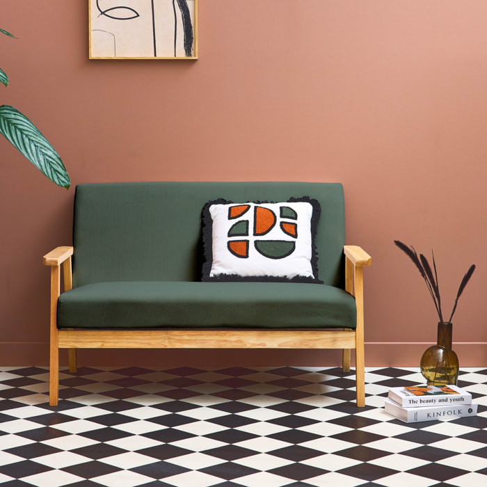 Banquette canapé 2 places en bois et tissu velours côtelé coloris vert kaki. Isak. L 114 x P 69.5 x H 73cm