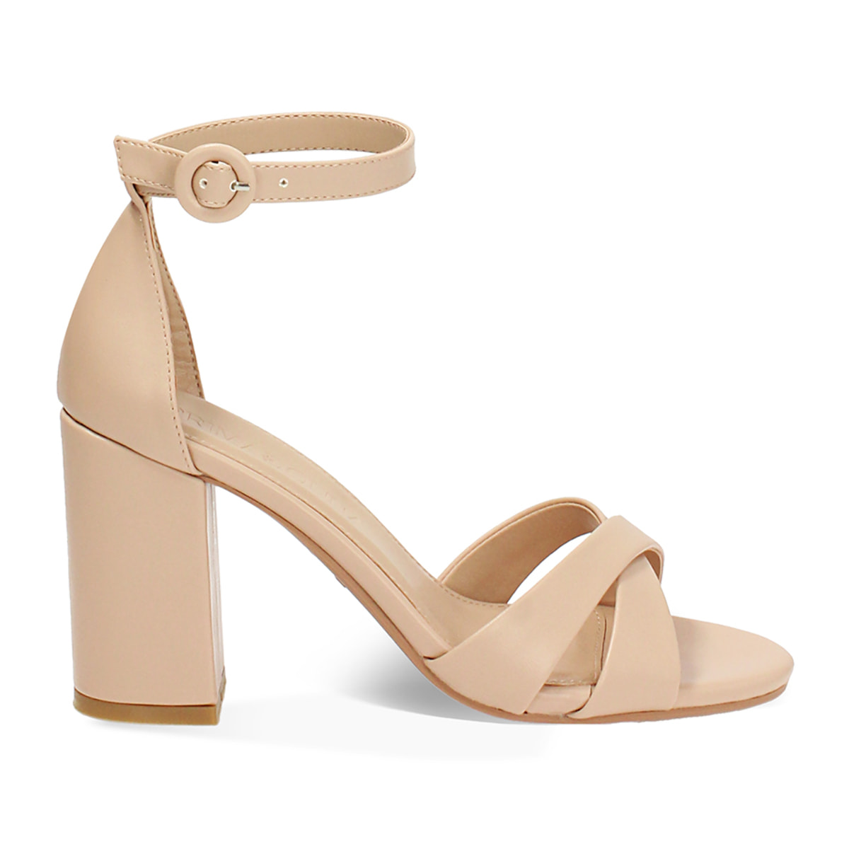 Sandalo donna beige con braccialetto, tacco largo 8,5 cm