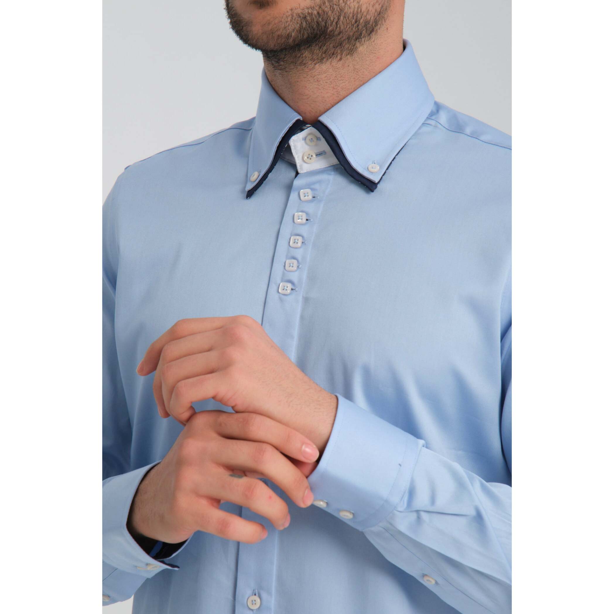 Camicia Uomo 2 Bottoni Button Down 7bottoni Doppio Coll Satin Unito Celeste