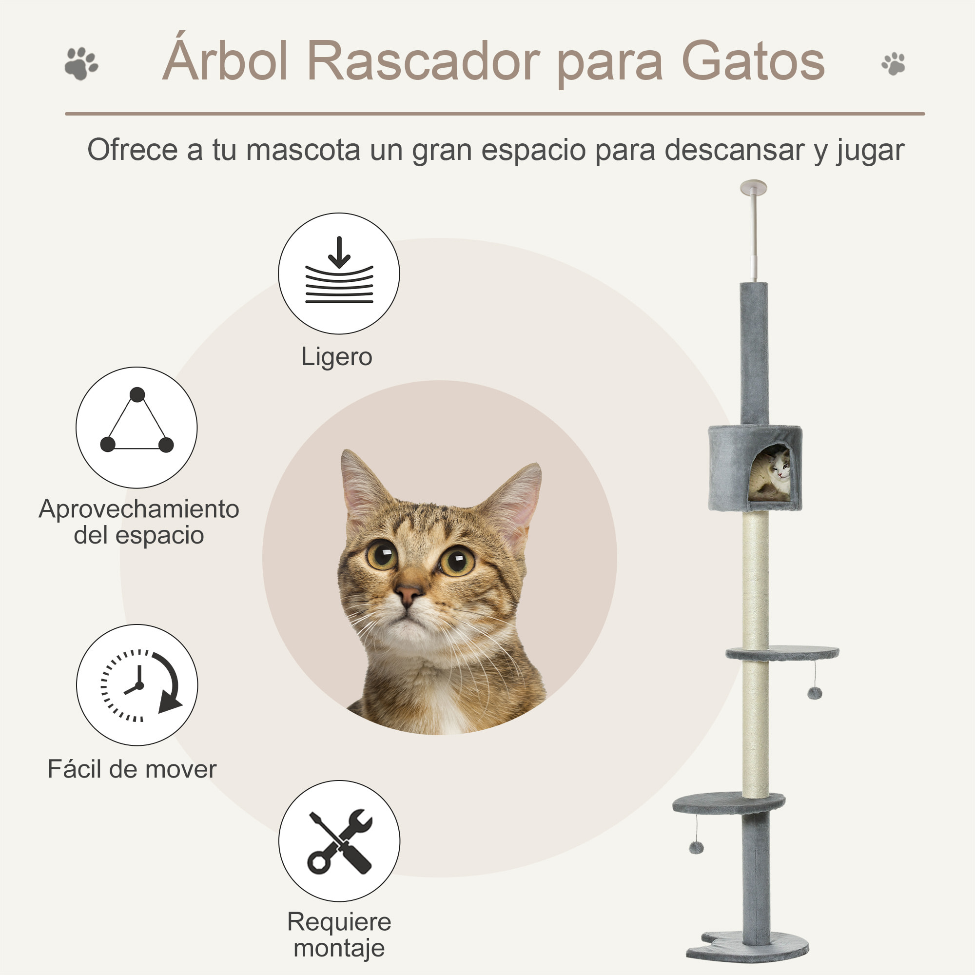árbol Rascador para Gatos Altura 217 cm Cueva Bola Colgante Gris