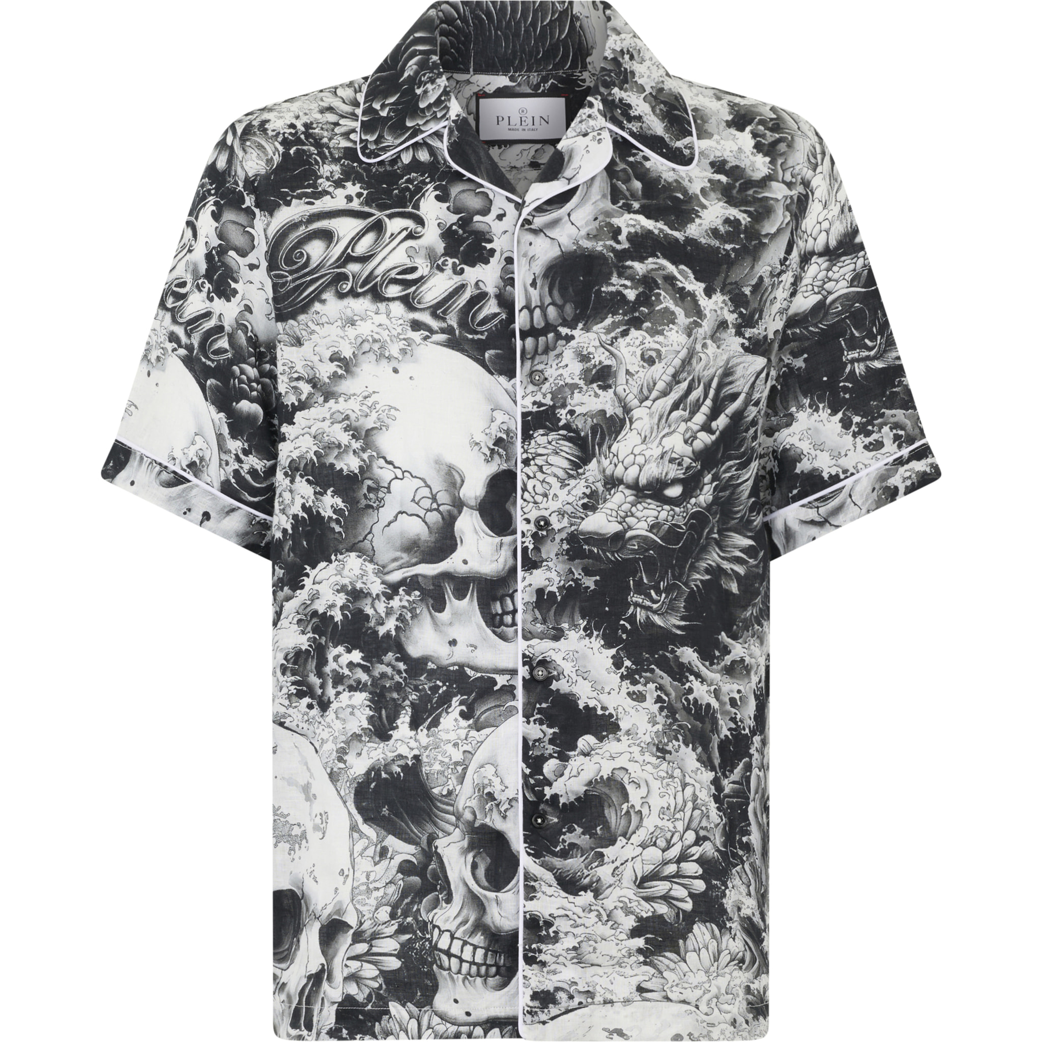 PHILIPP PLEIN Linen Bowling Shirt All-Over Ceramic
