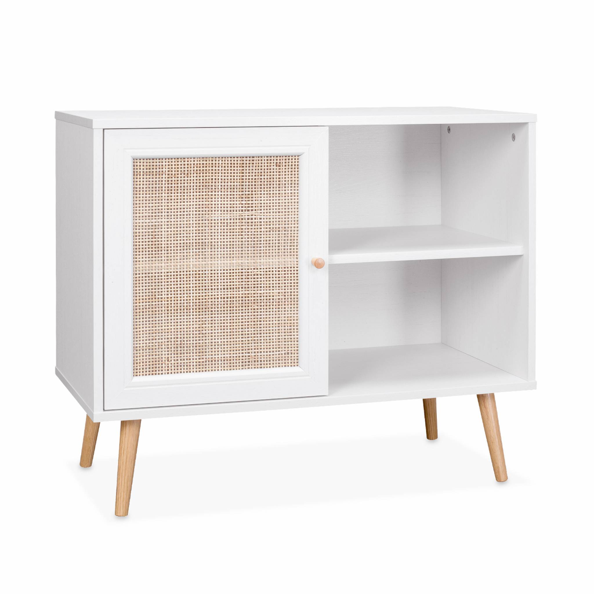 Meuble de rangement en cannage 80x39x65.8cm  Bohème - Blanc -  2 niveaux - 1 porte -  pieds scandinaves. buffet bas