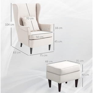 Sillón con Reposapiés Sillón Lectura con Respaldo Alto Capitoné Patas de Madera Almohada Acolchada y Tapizado en Lino Butaca para Salón Dormitorio Oficina Beige