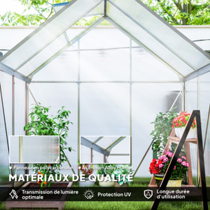 Serre de jardin aluminium polycarbonate 2,5 m² dim. 1,92L x 1,31l x 2H m lucarne réglable fondation porte coulissante