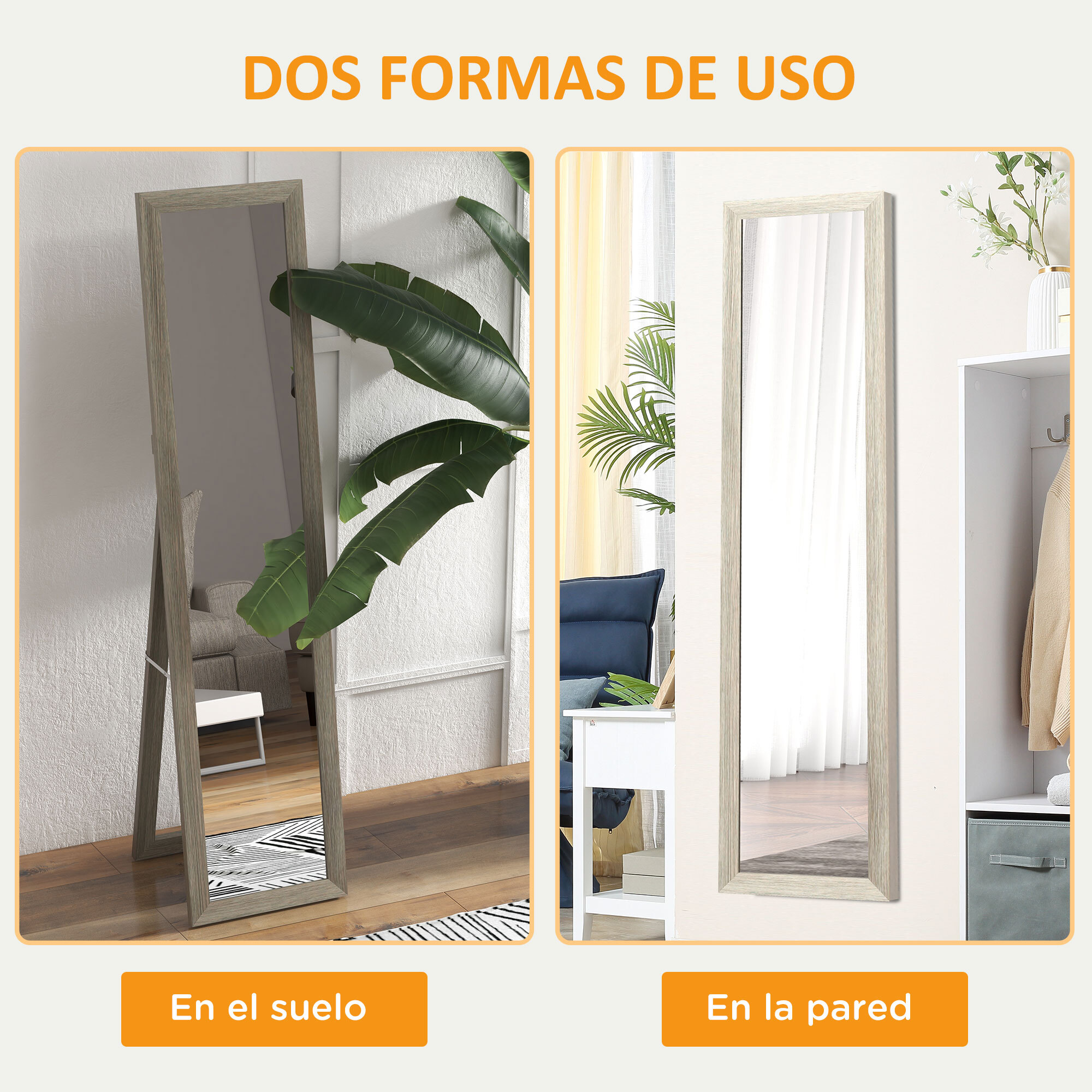 Espejo de Cuerpo Entero 37x155 cm Espejo de Pie Espejo de Pared Forma Rectangular con Marco de Madera Decorativo para Salón Dormitorio Pasillo Gris