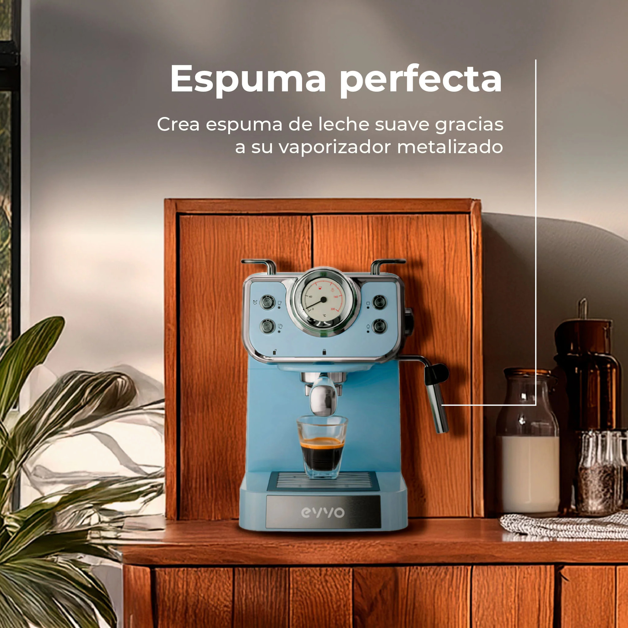 EVVO Cafetera Express Intensa Retro. 15 bares. cuerpo de acero. Espressos y Capuccinos. 950W. Doble salida. Portafiltros. Depósito de 1.5 l. calentamiento rápido