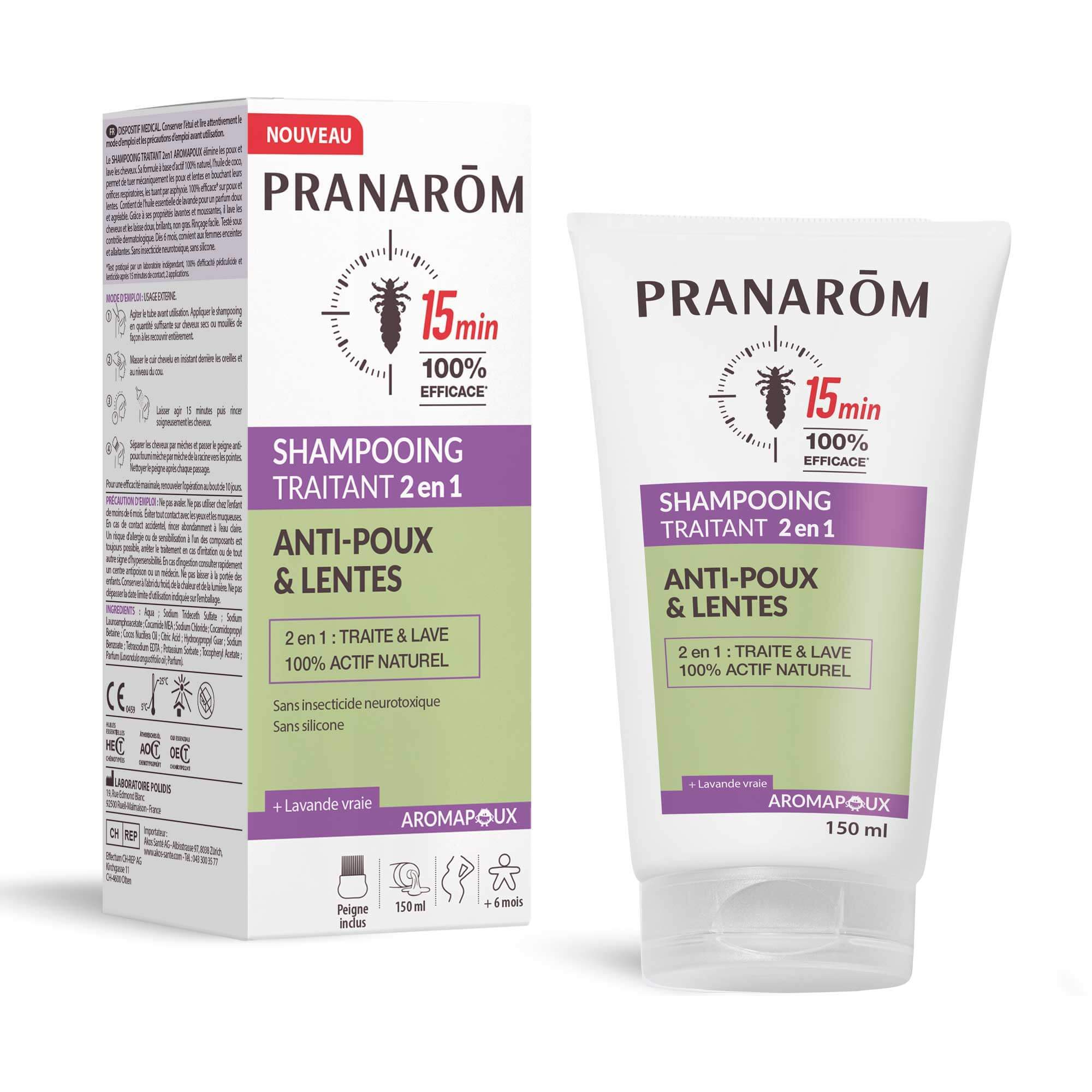 Pranarom - Shampooing traitant 2 en 1 anti-poux et lentes - Dispositif médical - 150 ml