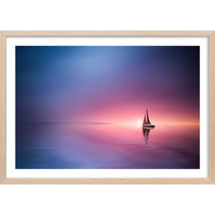 Poster navigation sous le sunset Affiche + cadre en bois - Chêne