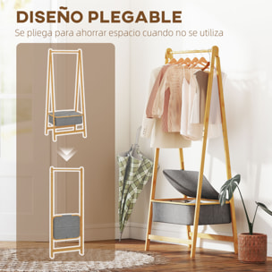 Burro Ropa de Bambú con Cesta de Tela con Tapa, Perchero Burro Ropa Plegable, Perchero para Recibidor, Entrada, Dormitorio, 60x44,5x157,5 cm, Natural y Gris