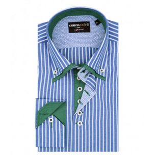 Camicia Uomo 2 Bottoni Button Down Doppio Collo 7 Bottoni Slim Cotone Poliestere Stampa Blu Inchiostro\Bianco