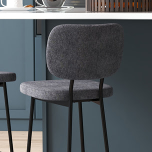 Lot de 2 tabourets de bar style néo-rétro piètement acier noir repose-pied intégré tissu gris