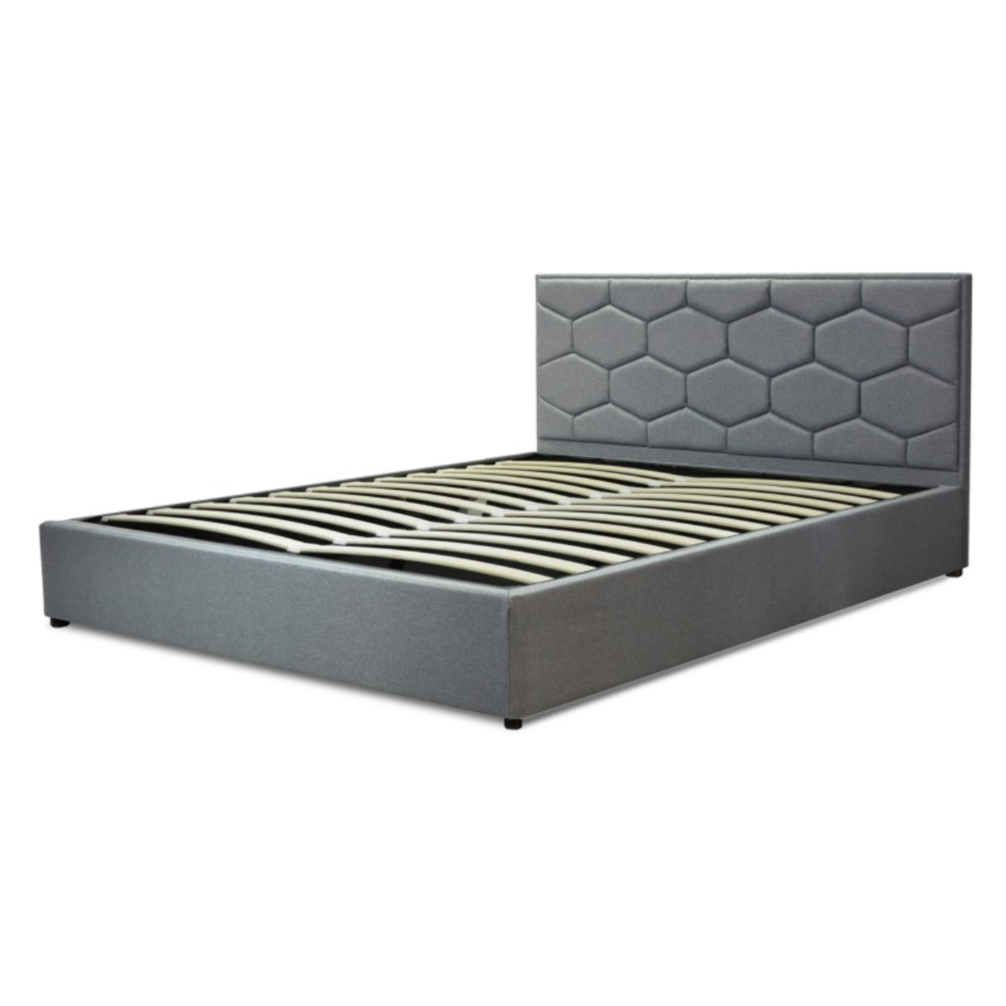 Lit coffre Madrid avec tête de lit | Espace de Stockage jusqu'à 900 L | Robuste et Large Angle d’Ouverture | Tissu | Gris clair