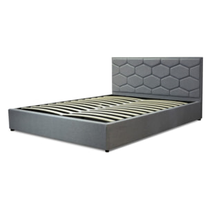 Lit coffre Madrid avec tête de lit | Espace de Stockage jusqu'à 900 L | Robuste et Large Angle d’Ouverture | Tissu | Gris clair