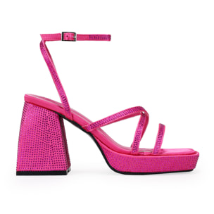 Sandalias de tacón campana rosas en satén con brillantes