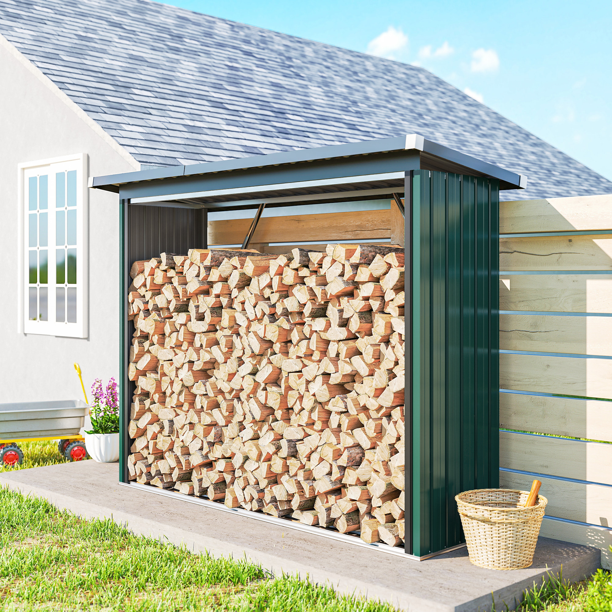 Casetilla para Leña de Acero Galvanizado, Cobertizo Leñero Exterior de Almacenamiento de Troncos, con Base Elevada y Techo Inclinado, 213x66,5x150 cm, Verde