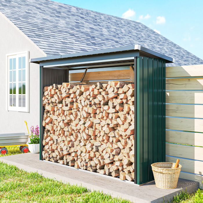 Casetilla para Leña de Acero Galvanizado, Cobertizo Leñero Exterior de Almacenamiento de Troncos, con Base Elevada y Techo Inclinado, 213x66,5x150 cm, Verde