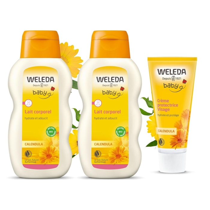 WELEDA - DUO Lait corporel + Crème protectrice visage - Hydratation - pour Bébé - Certifié Natrue ** - Flacon 200ml et Tube 50ml