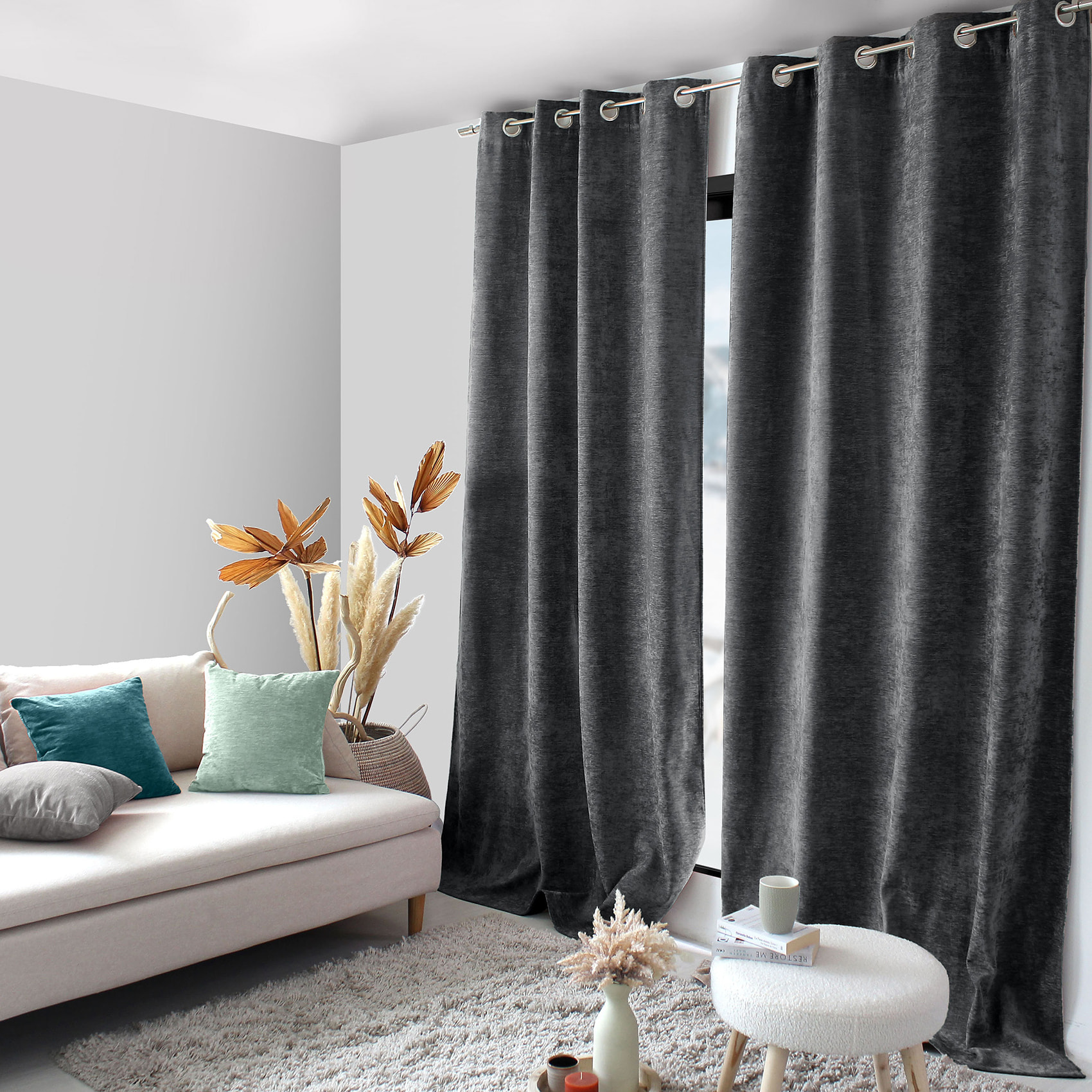 Rideau thermique en velours doublé polaire - Gris Foncé