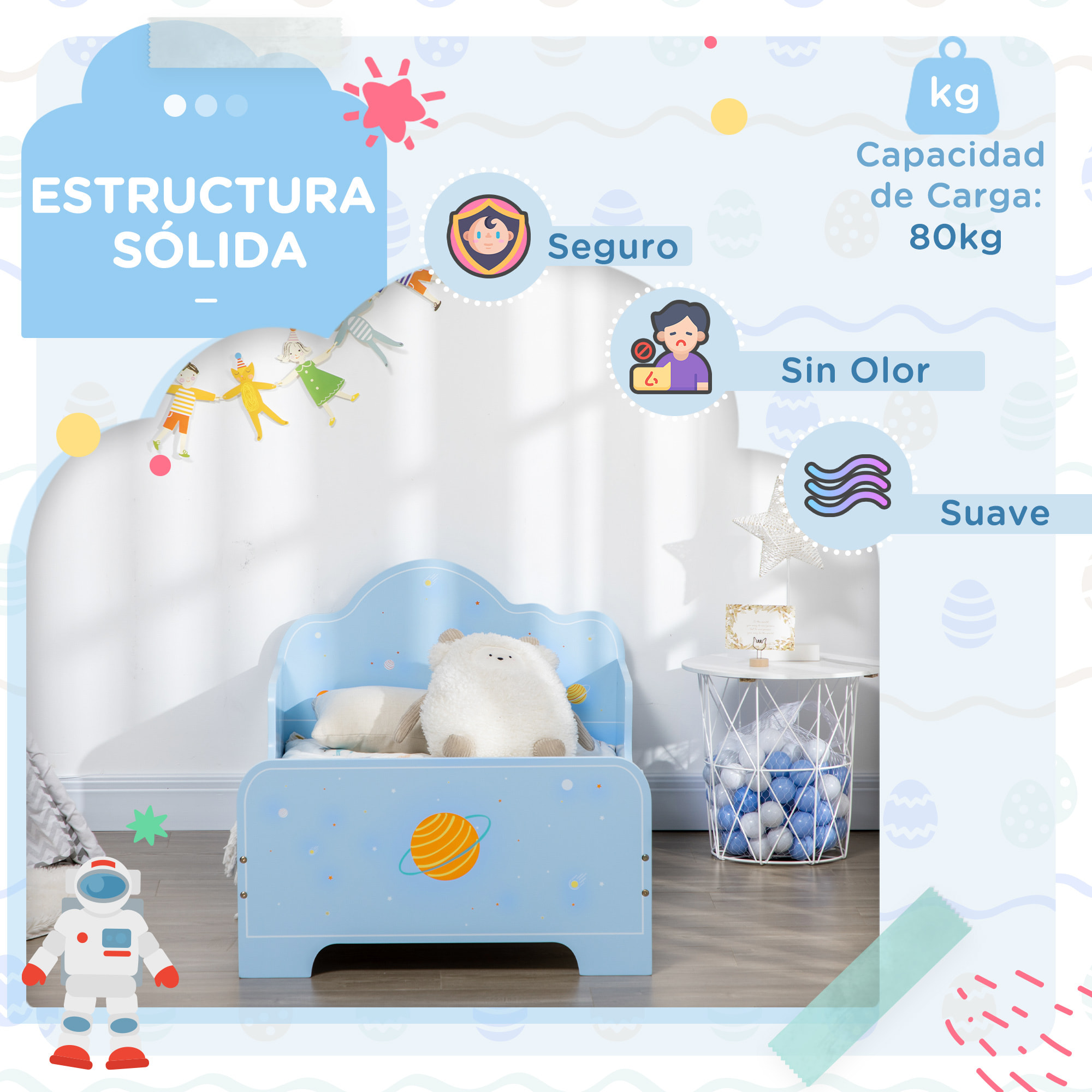Cama para Niños de 3-6 Años 143x74x59 cm con Barreras de Protección Carga 80 kg