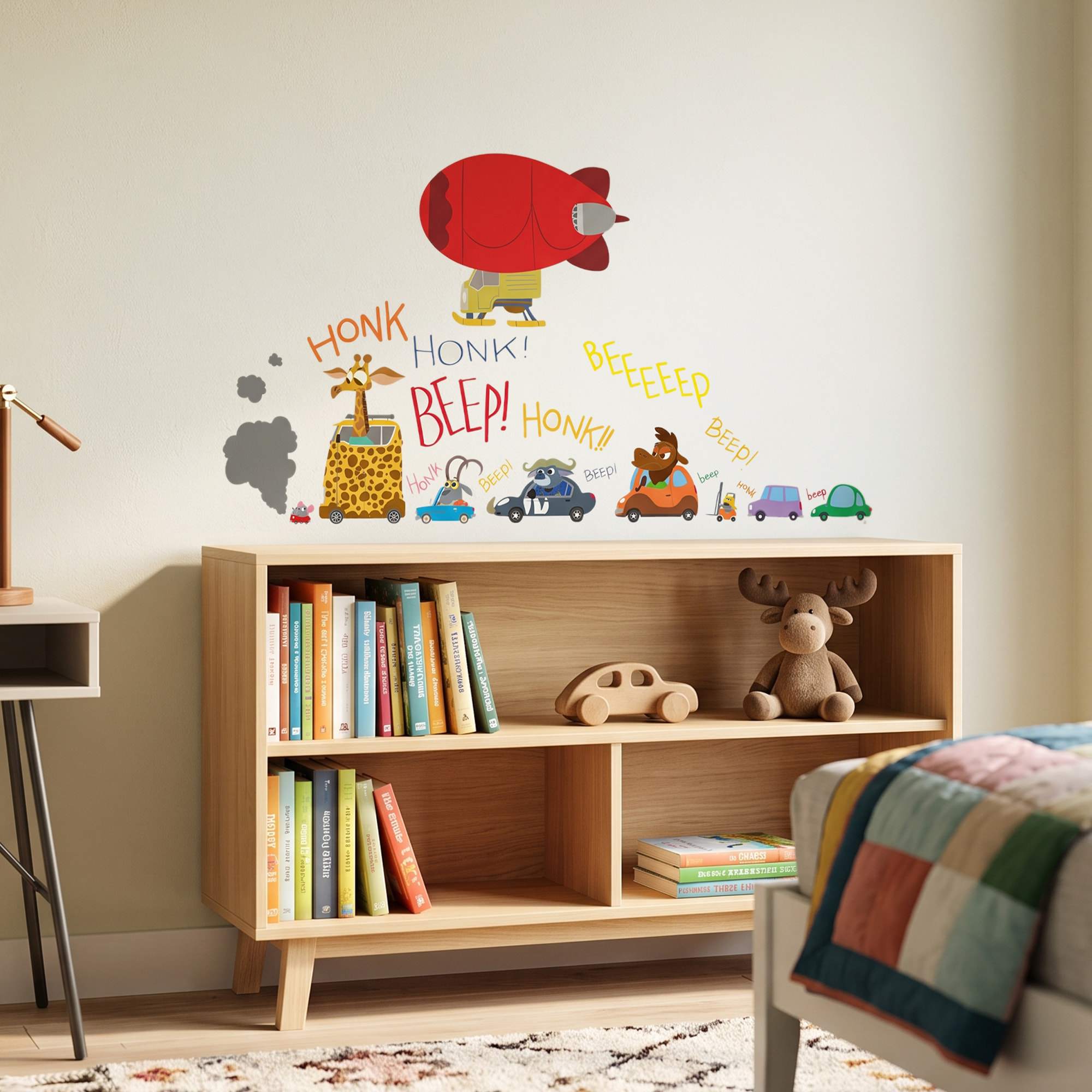 Stickers Muraux décoration adhésifs embouteillage et dirigeable avec animaux rigolos