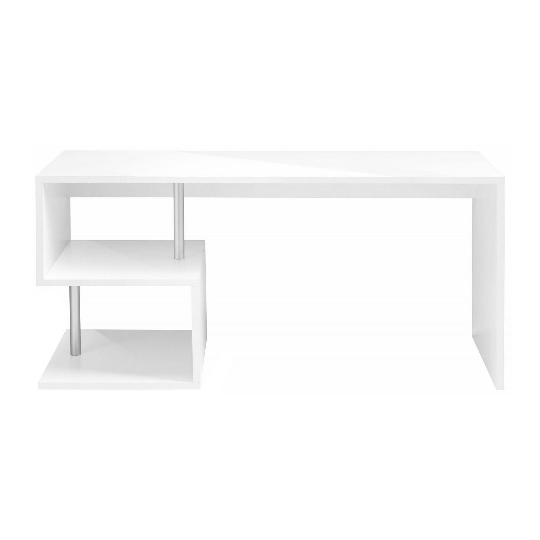 Scrivania moderna ad Esse per ufficio e studio con scaffale, Made in Italy, Tavolo da computer, Scrittoio porta PC, cm 180x60h78, colore Bianco lucido