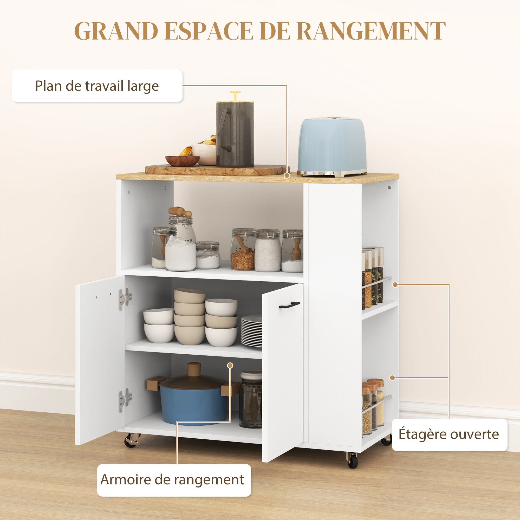 Desserte de cuisine multi-rangement 2 portes, étagère, niche, plateau, 2 porte-épices blanc aspect chêne clair