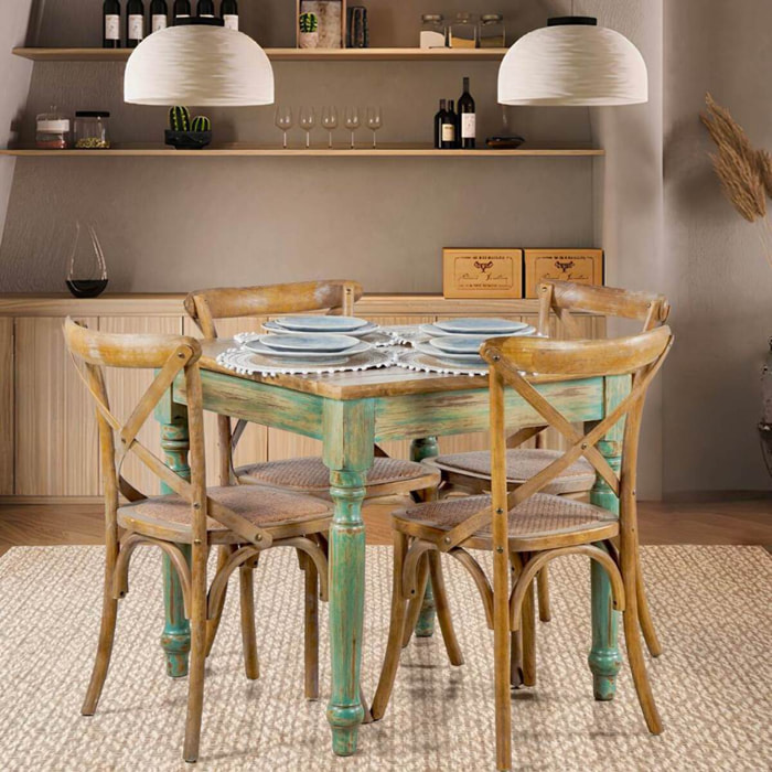 Tavolo da pranzo quadrato in mango azzurro decapato 90x90x77 - Salento