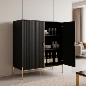 Credenza Mobile Contenitore 2 Ante Cannettate E Piedini Oro Madia Moderna con Ripiani Interni E Chiusura Soft Close 103.6 x 124 x 39.6 Cm Nero