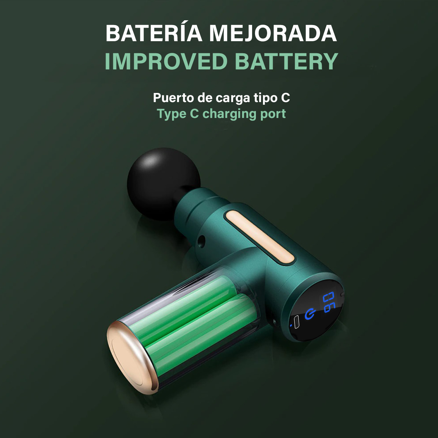 Mini pistola per massaggio muscolare Fascia Gun BX720 con touchscreen. 6 livelli con velocità da 1800 a 3200 rpm. 4 teste.