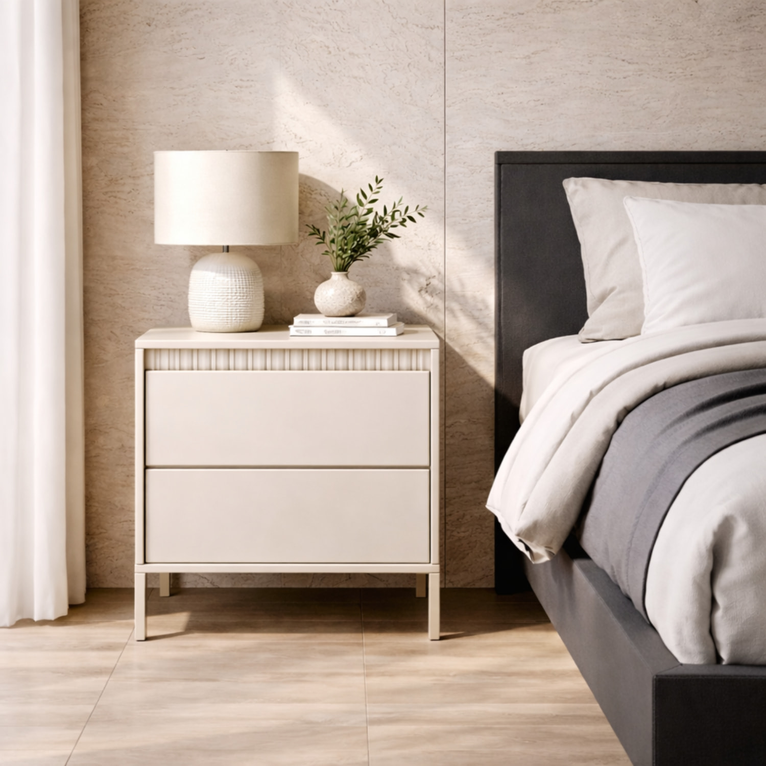 Comodino Moderno 2 Cassetti Push E Piedini Alti Cassettiera Design Elegante Mobiletto Minimal Effetto Cannettato 53.5 x 56.2 x 39.5 Cm Cashmere