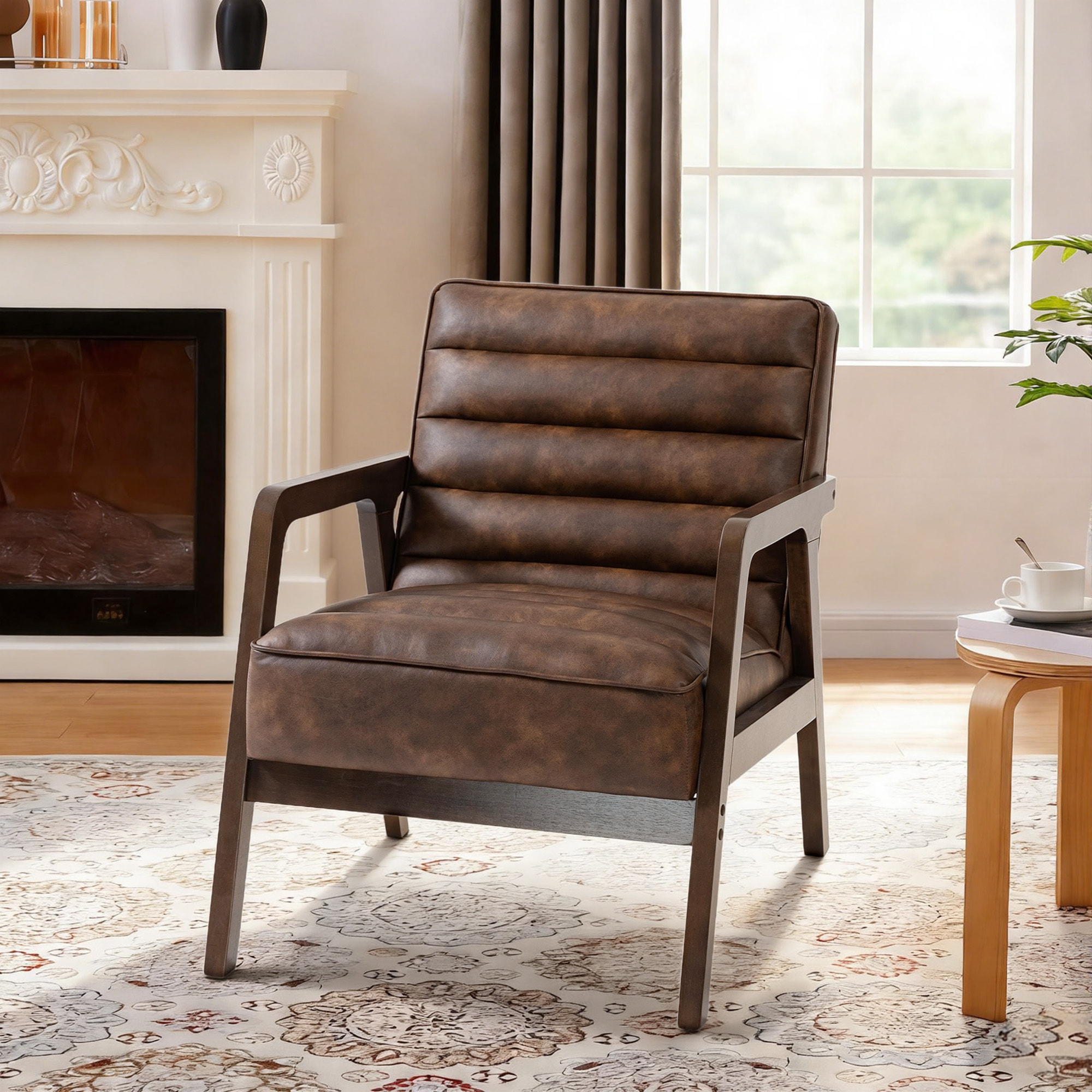 Fauteuil lounge style Chesterfield matelassé bois synthétique effet vieilli marron