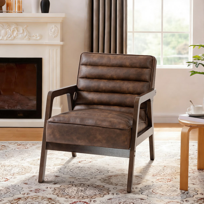 Fauteuil lounge style Chesterfield matelassé bois synthétique effet vieilli marron