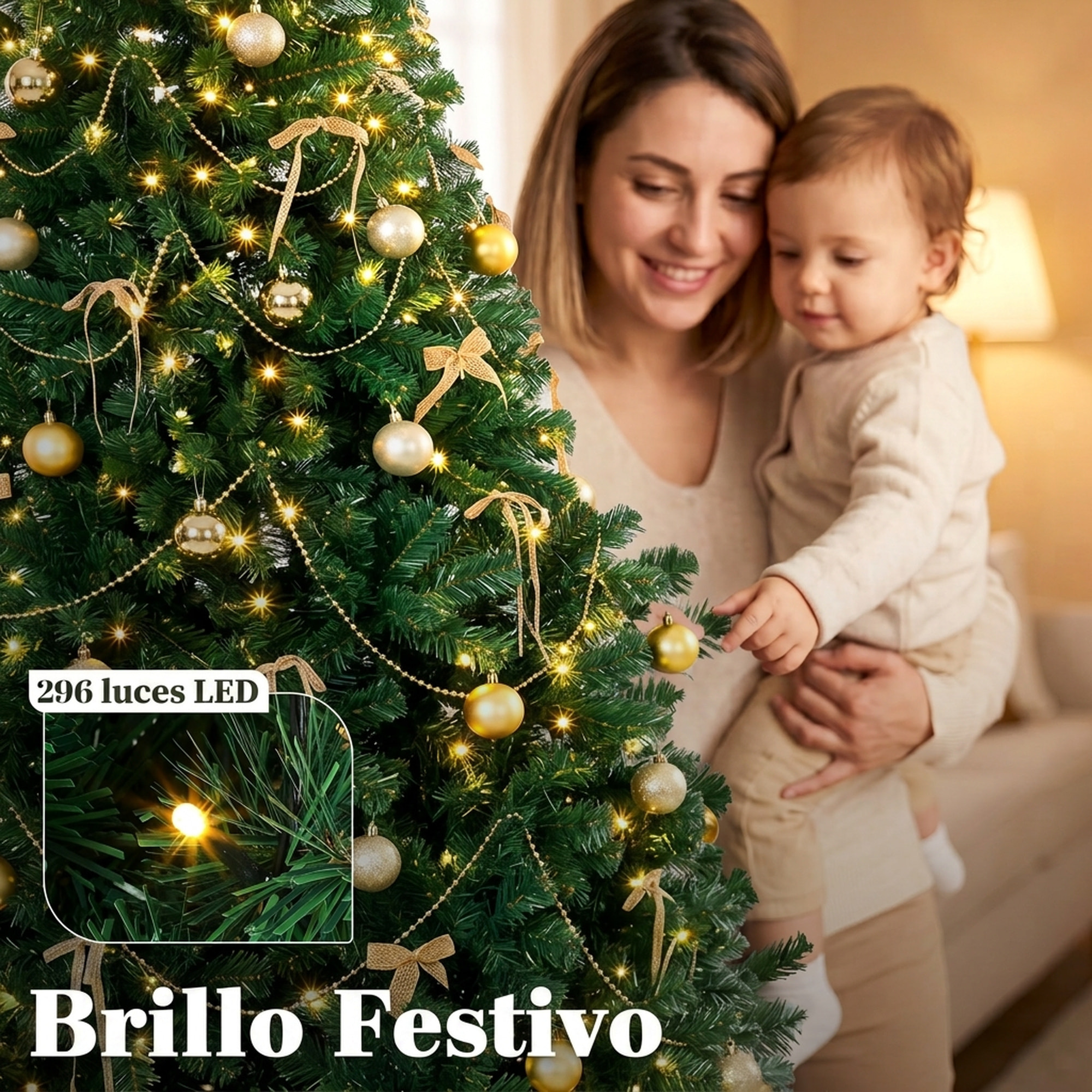 Árbol de Navidad con 296 LED Blanco Cálido, 230 cm, Árbol de Navidad Decorativo, 1405 Ramas Ignífugas, Estrella, 42 Bolas, 30 Lazos y Decoración Dorada, Verde