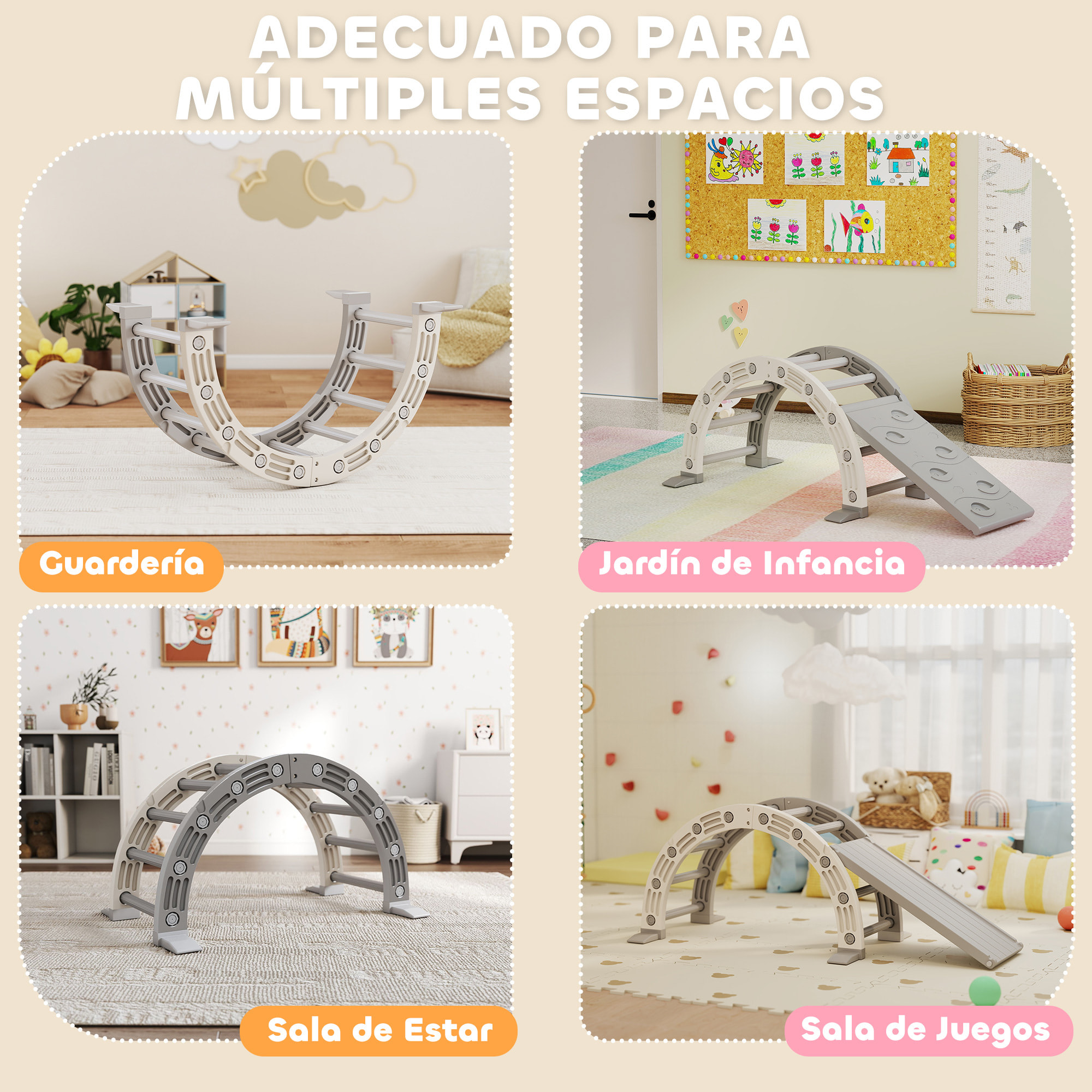 Juguete de Escalada para Niños 4 en 1 con Arco de Escalada, Mecedora, Rampa y Tobogán, Juguete de Plástico para Niños de 18-48 Meses, para Interior y Exterior, Gris y Blanco