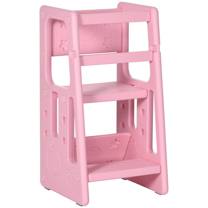 HOMCOM Torre de Aprendizaje para Niños Taburete Infantil con Altura Ajustable en 3 Posiciones y Plataforma Antideslizante para Cocina Comedor Baño 47x47x90 cm Rosa