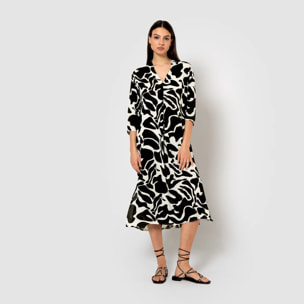 Vestido midi bambula detalles plisados tendis beige/negro