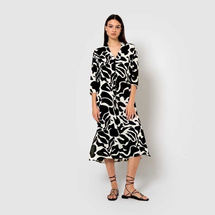 Vestido midi bambula detalles plisados tendis beige/negro