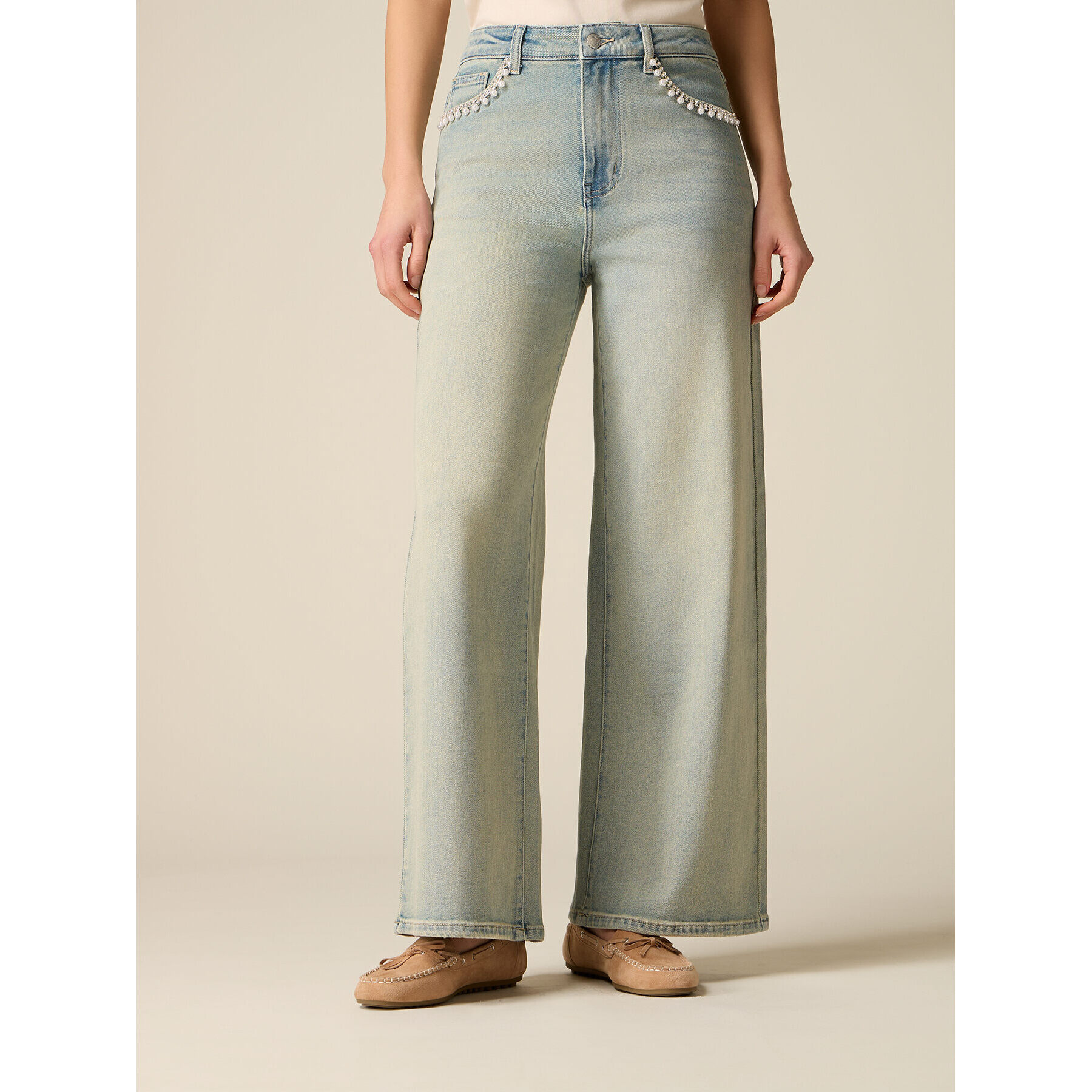 Oltre - Jeans wide leg con applicazioni gioiello - Azzurro