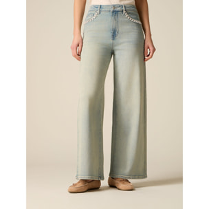 Oltre - Jeans wide leg con applicazioni gioiello - Azzurro