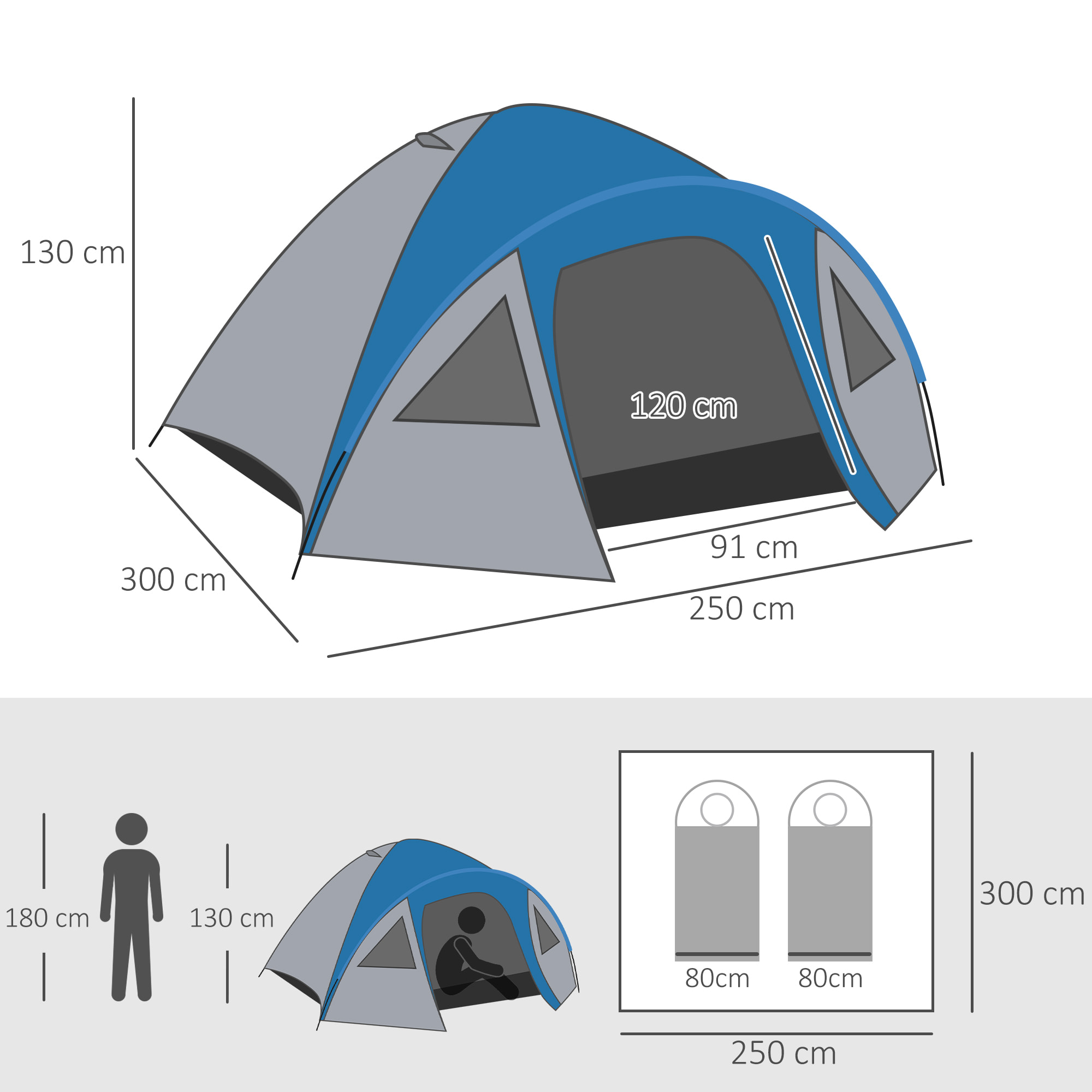 Tienda de Campaña para 3 Personas Tienda de Camping Doble Capa con Ventanas 2 Bolsillos y Bolsa de Transporte 250x300x130 cm Gris y Azul