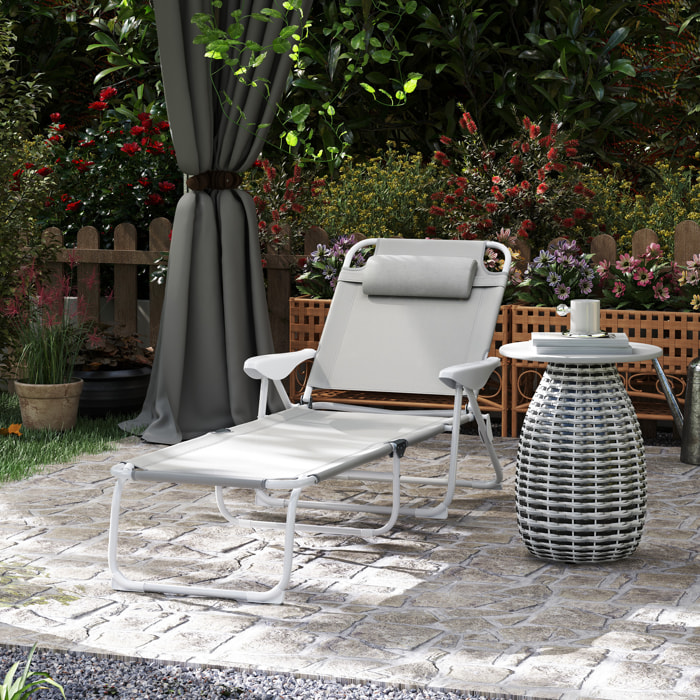 Tumbona Plegable Tumbona Jardín Exterior con Respaldo Ajustable Reposacabezas Extraíble y Estructura de Metal Carga 120 kg para Terraza Piscina Playa 160x66x98 cm Gris