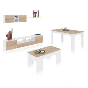 Pack salón con mesa de centro y mesa de comedor Kenzo Max V2B Blanco Brillo - Roble Canadian