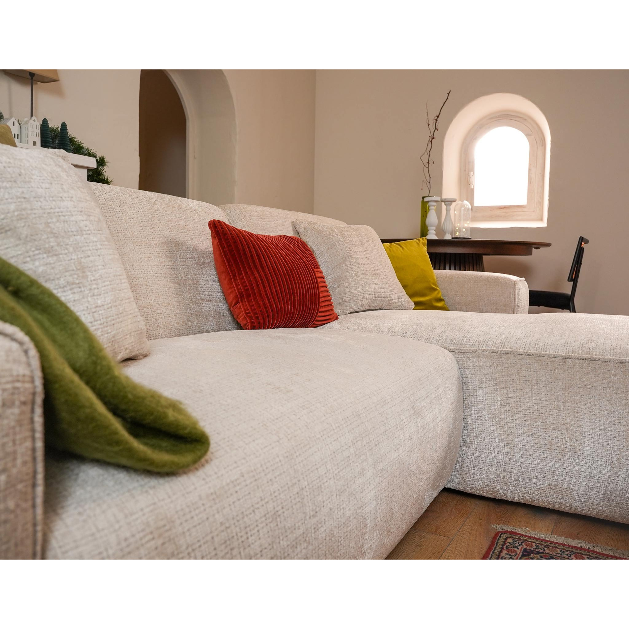 Lison - Canapé d'angle droit 4 places en velours texturé - Beige