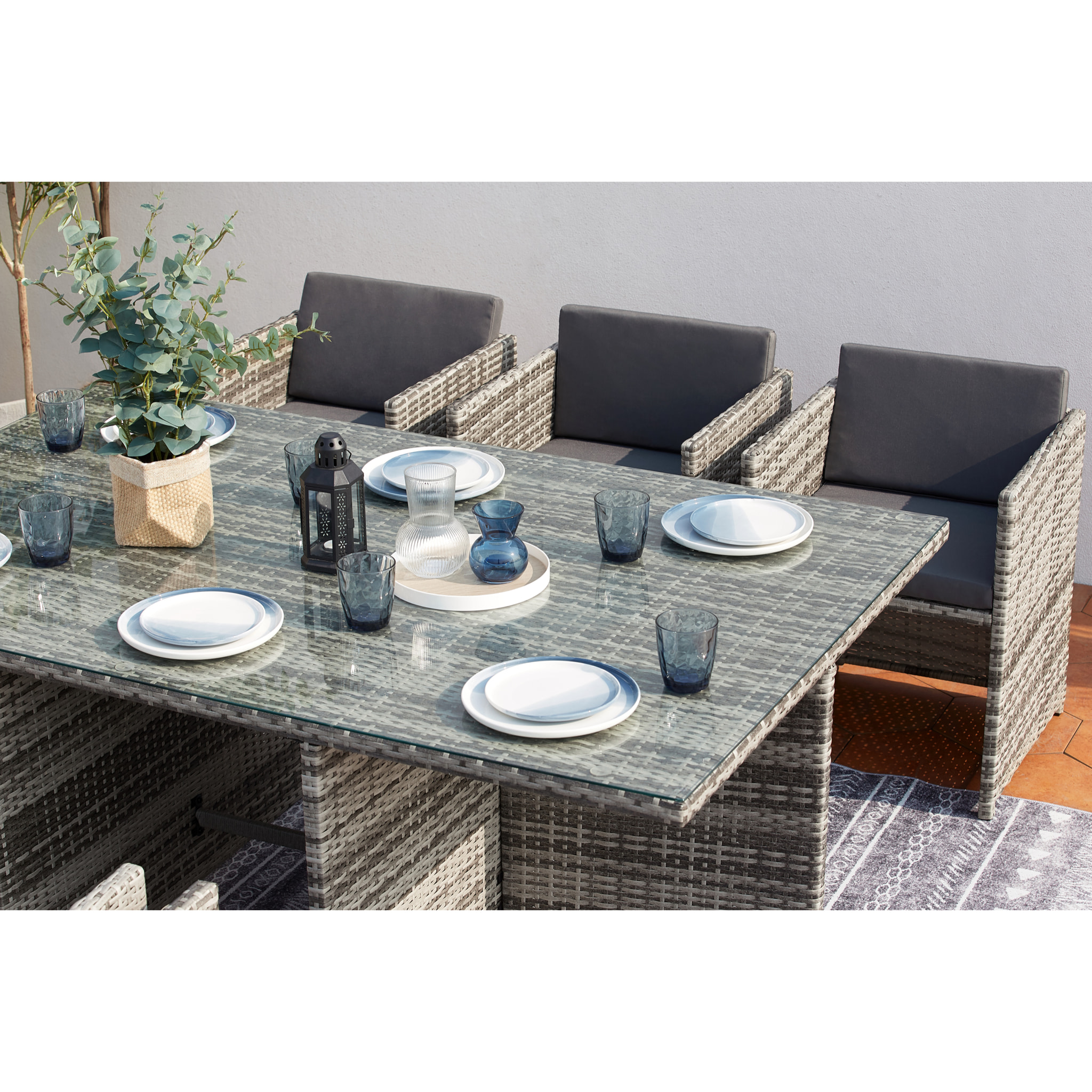 Salon de jardin encastrable 6 personnes en résine tressée gris REGINA